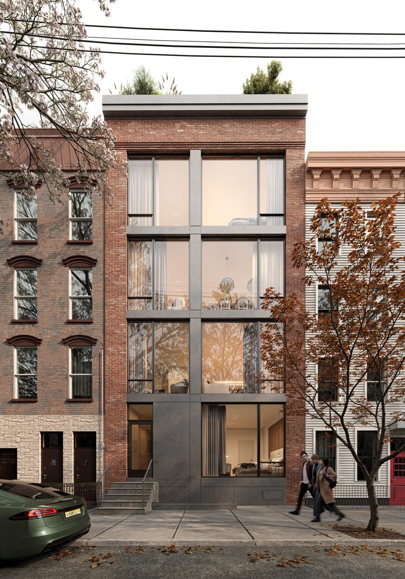 Rendering of the Lugano's street front in Jersey City: a four-storey glass and grey facade between brick row houses