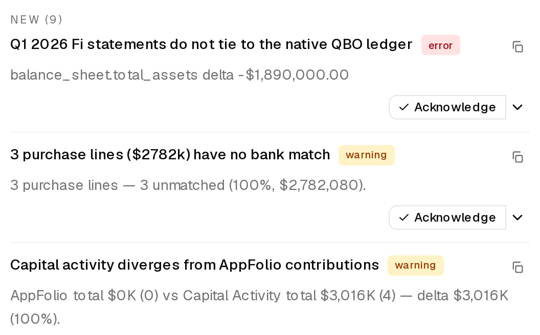 Findings from checking a project's books: statements that do not tie to the QBO ledger, purchase lines with no bank match, capital activity that diverges from AppFolio
