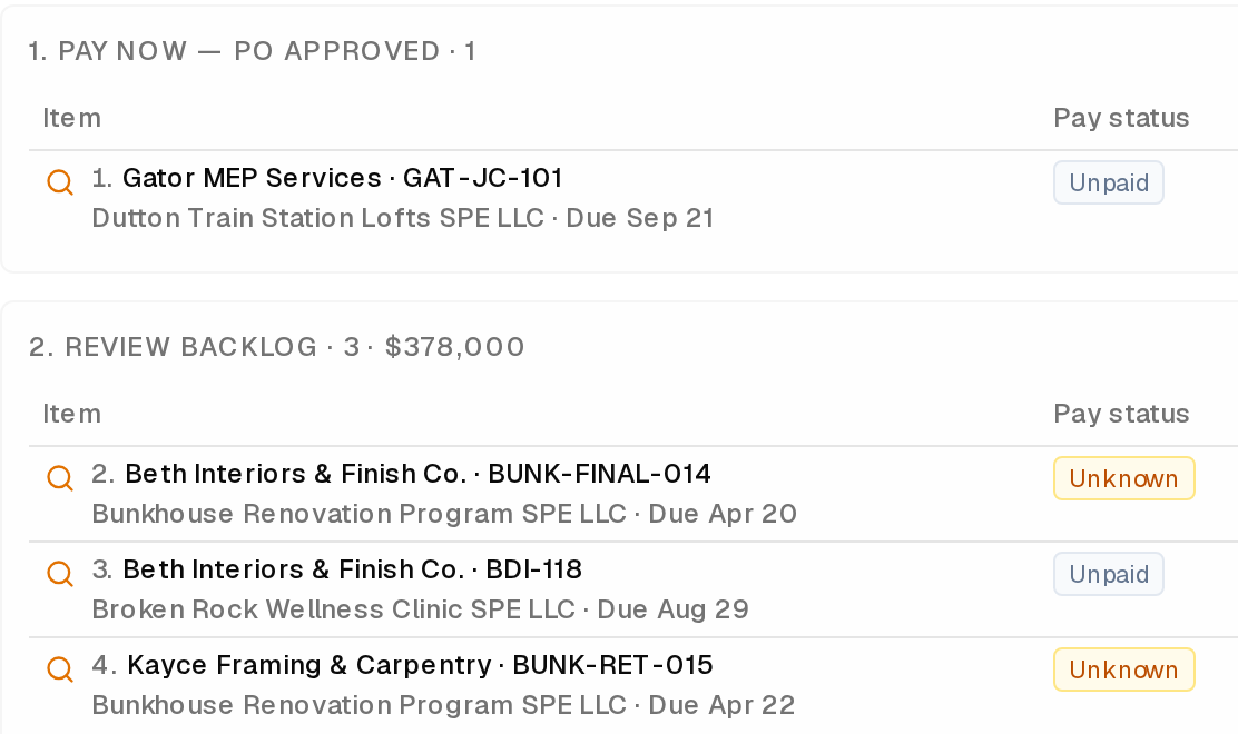 Payables split into pay now, PO approved, and a review backlog, each with vendor, invoice, entity, due date and pay status