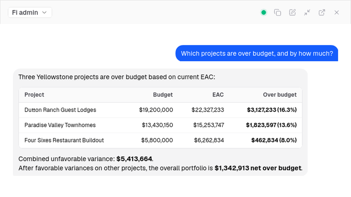 Chat with the Cellect agent: asked which projects are over budget and by how much, it returns a table of three projects with budget, estimate at completion and the overage for each, plus the combined variance